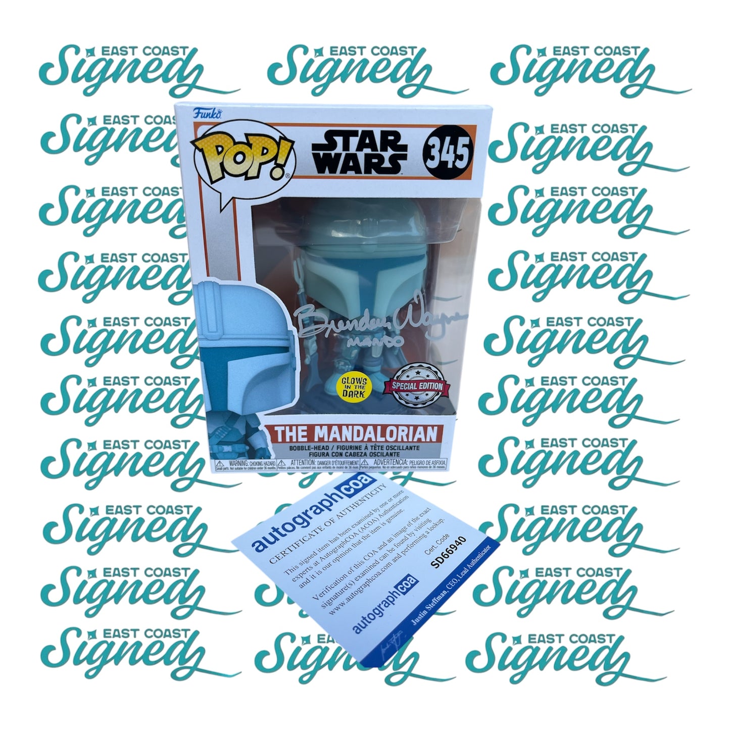 Brendan Wayne signed The Mandalorian Funko Pop #345 special edition Glow in the Dark