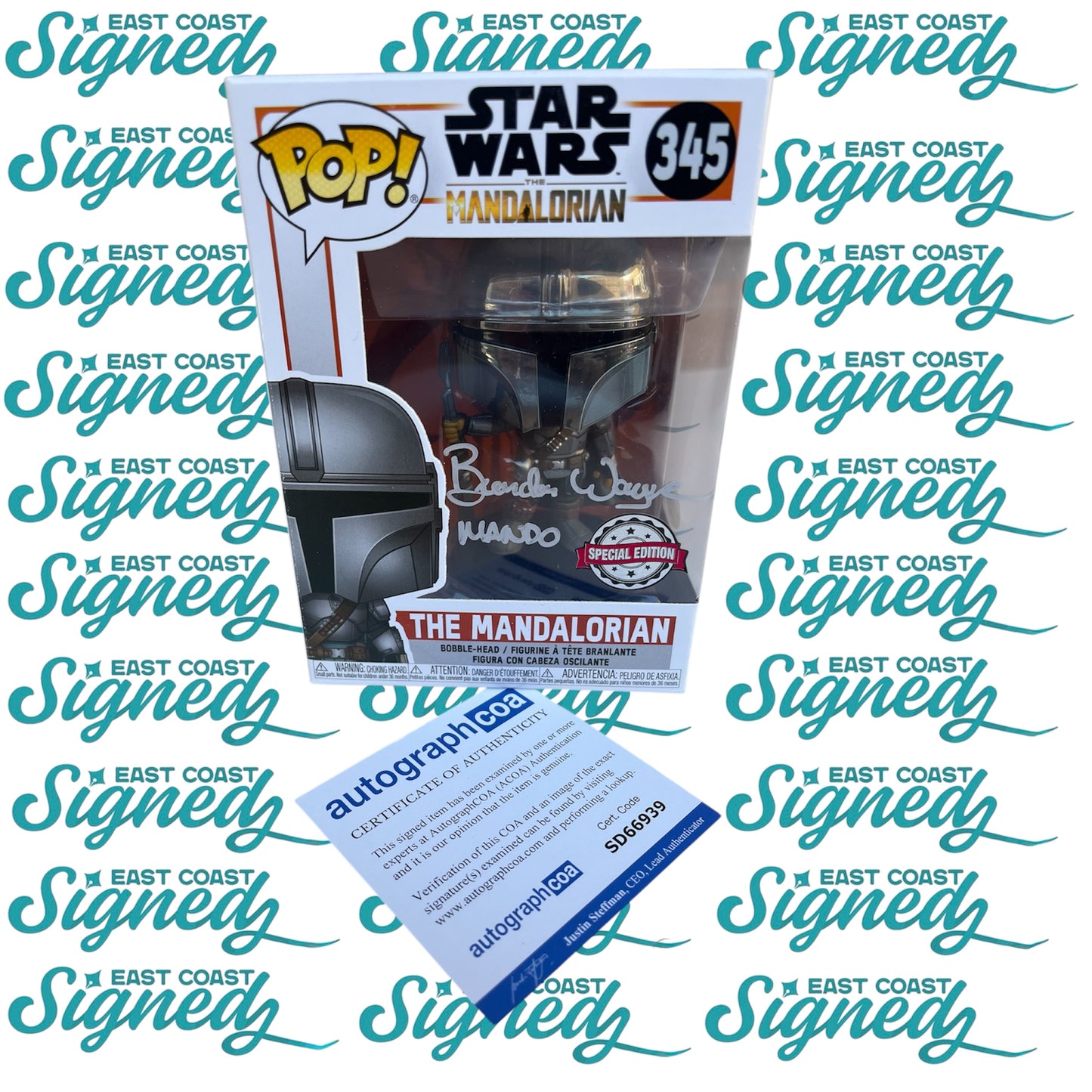Brendan Wayne signed The Mandalorian Funko Pop #345 special edition Glow in the Dark