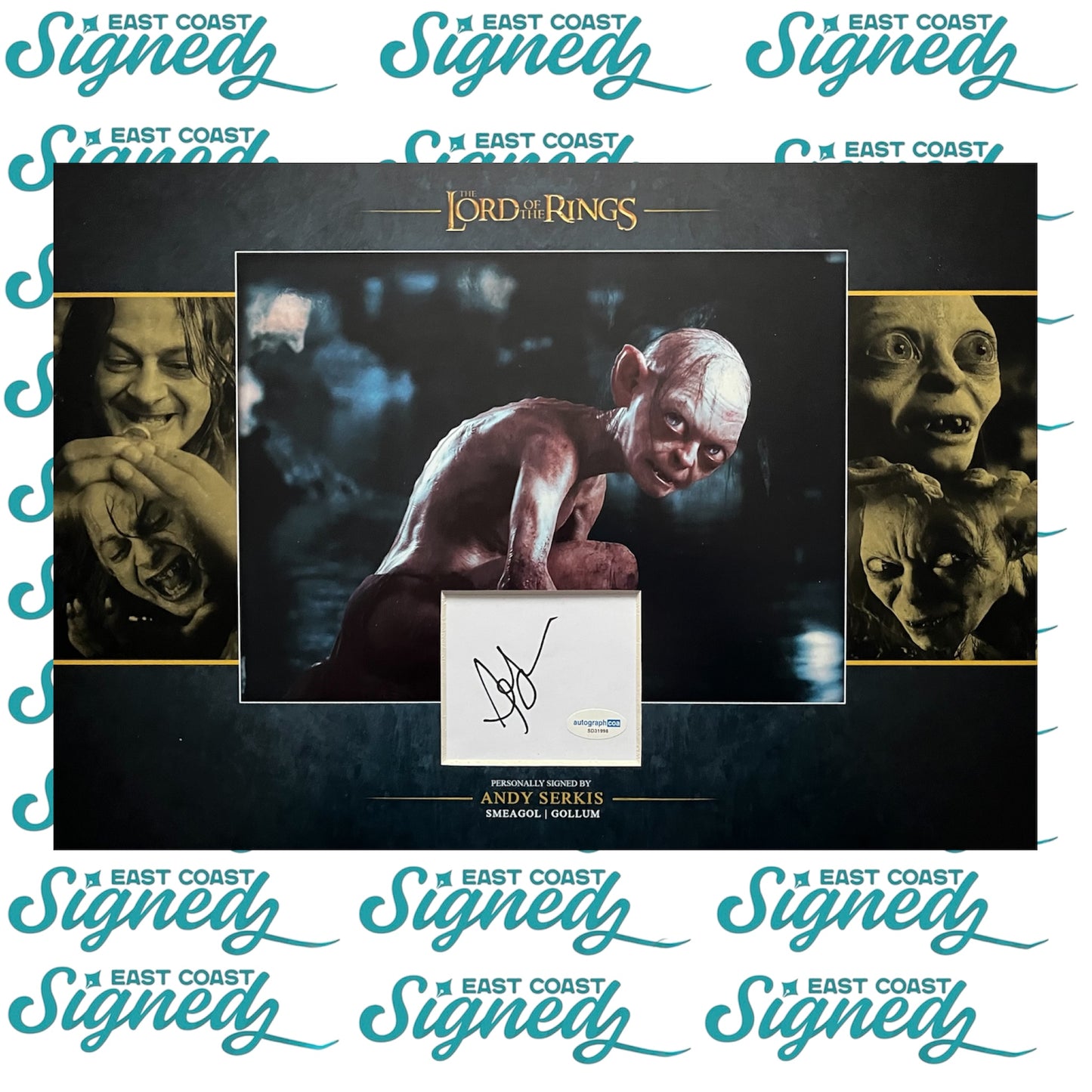 Andy Serkis Signed white Card Mounted Lord of the Rings 'Sméagol / Gollum' bespoke mount ACOA Authentication
