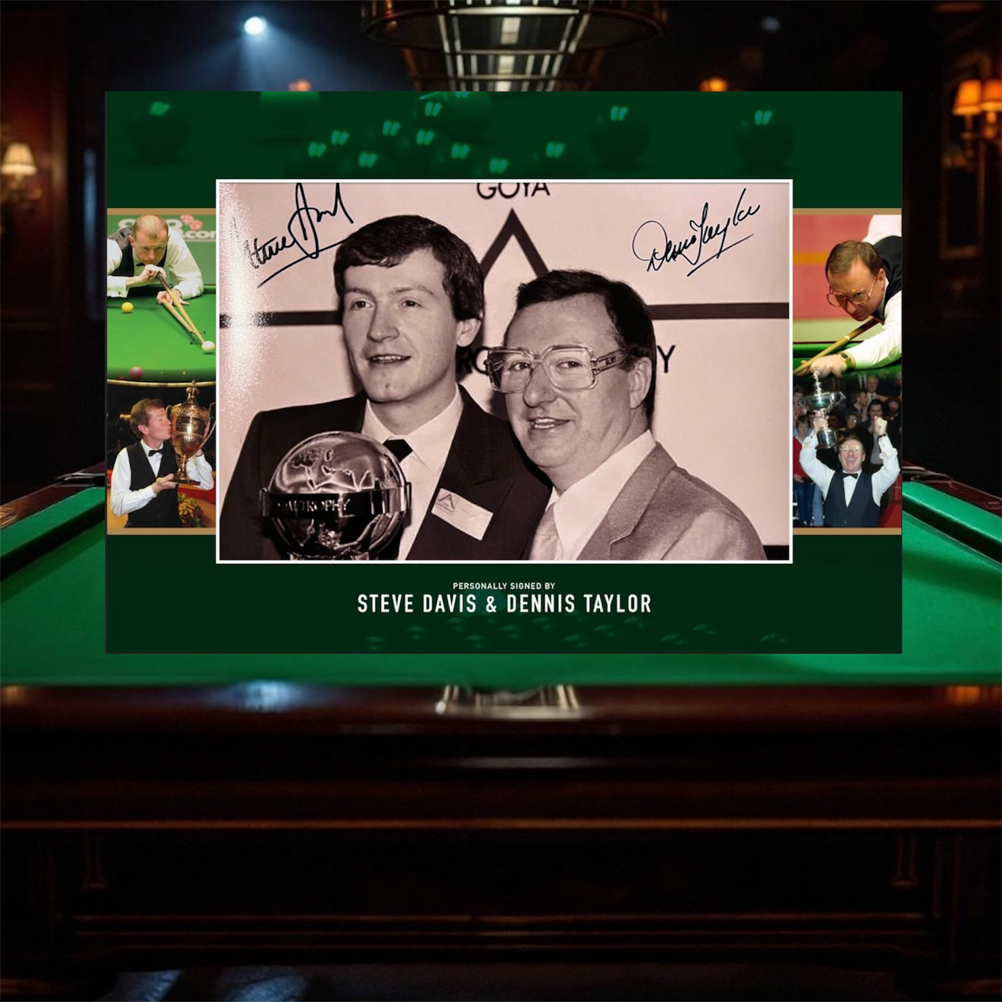 Steve Davis & Dennis Taylor duel signed photo in A3 bespoke mount design