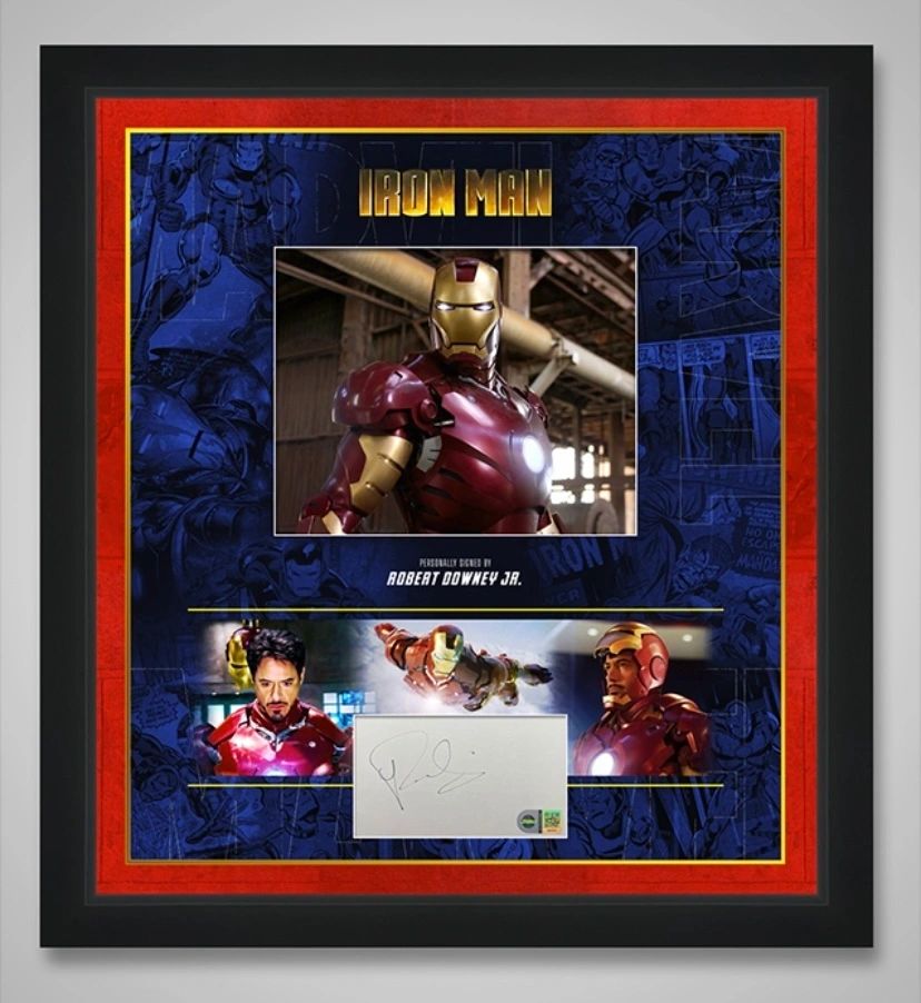 Robert Downey Jr. -Iron Man Signed white card Mounted and Framed SWAU Authentication