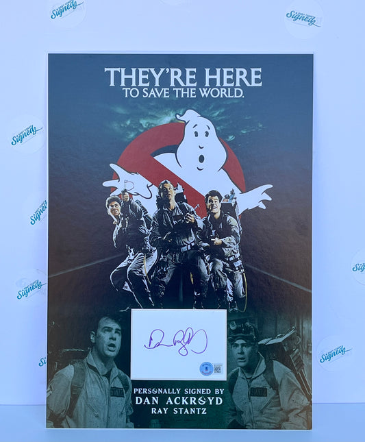 Dan Ackroyd signed white card in bespoke Ghostbusters A3 Mount Beckett Authentication
