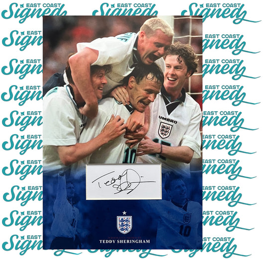 Teddy Sheringham Signed White card Mounted in bespoke England Mount.